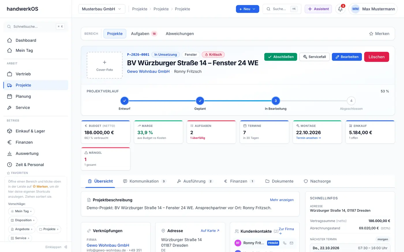 Projektakte mit Phasen, Finanzen und Kommunikation